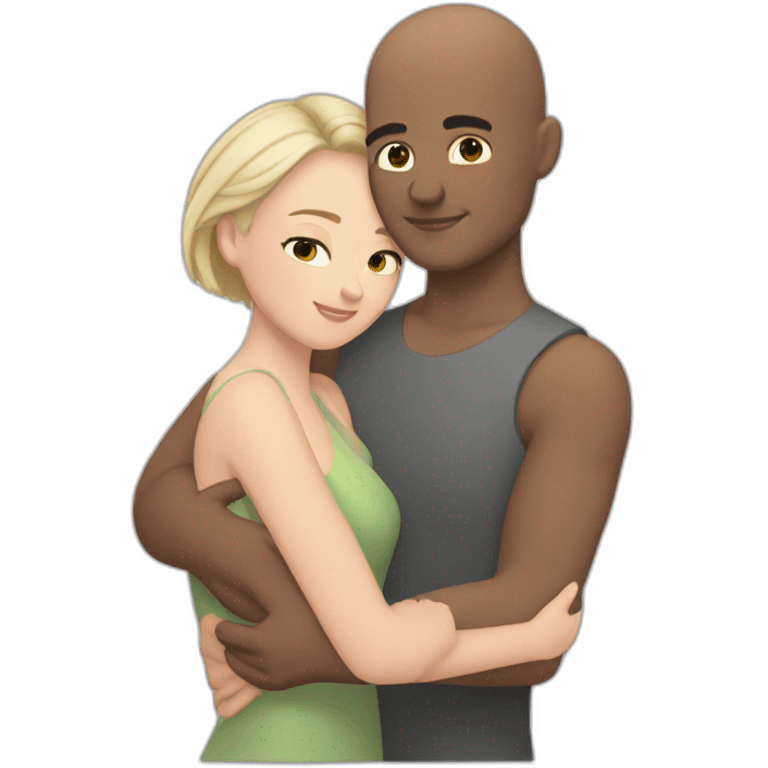 Bald Caucasian man and Caucasian woman with black short hair intimate hug emoji