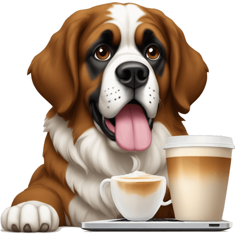 A Saint Bernard with a chai latte working on a laptop emoji