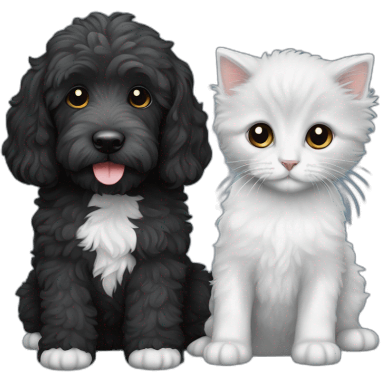 All Black labradoodle and a single white and grey kitten emoji