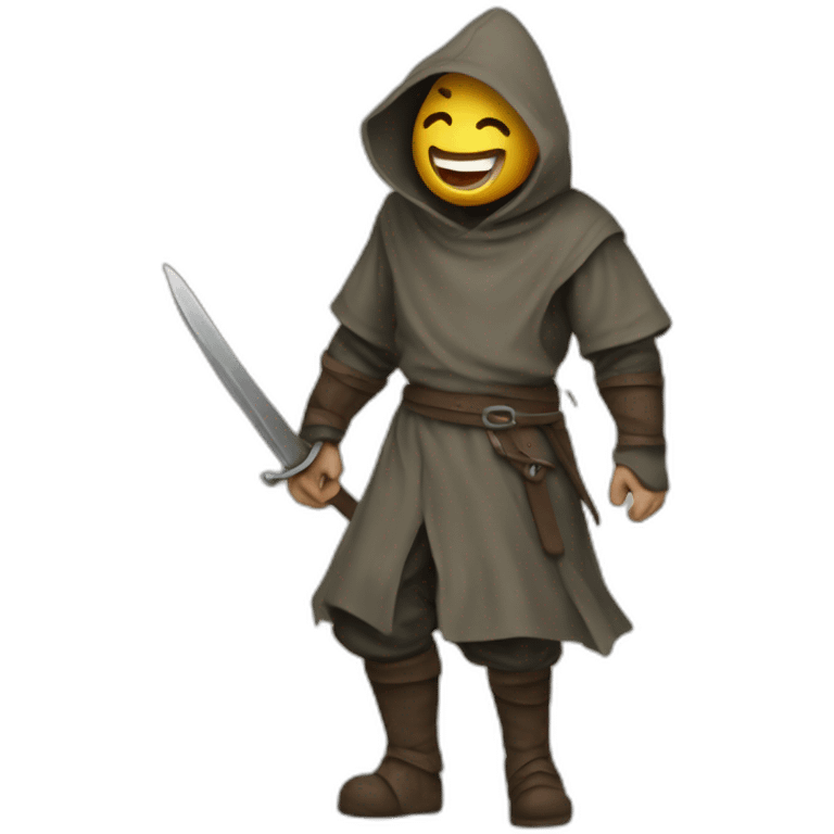 medieval saboteur laughing and escaping, hooded emoji