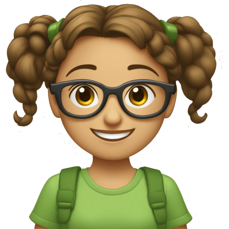 maestra de infantil con una bata de disney, joven con media melena morena y recta y gafas de metal. De complexión normal y estatura media. Ojos verdes y sonriendo  emoji