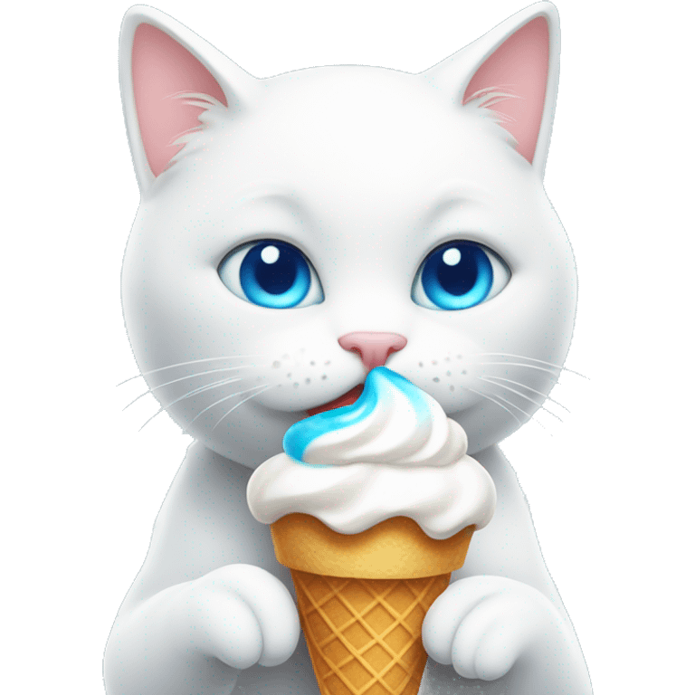 White cat with blue eyes eating ice cream  emoji