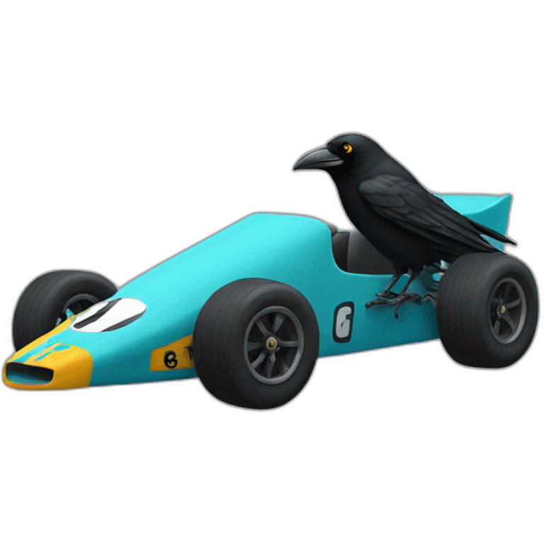 A crow driving a racecar emoji