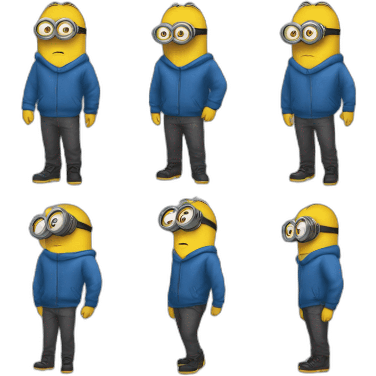 minion blue hood blue shirt gray pants with gold insert belt leather shoes black mask on face three stripes claw marks glasses angry glance emoji