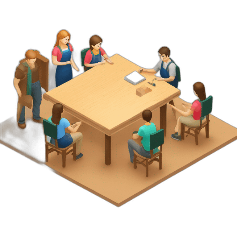 isometric square transparent solid outline border containing woodworking teacher with student teaching in creative workshop on long table emoji