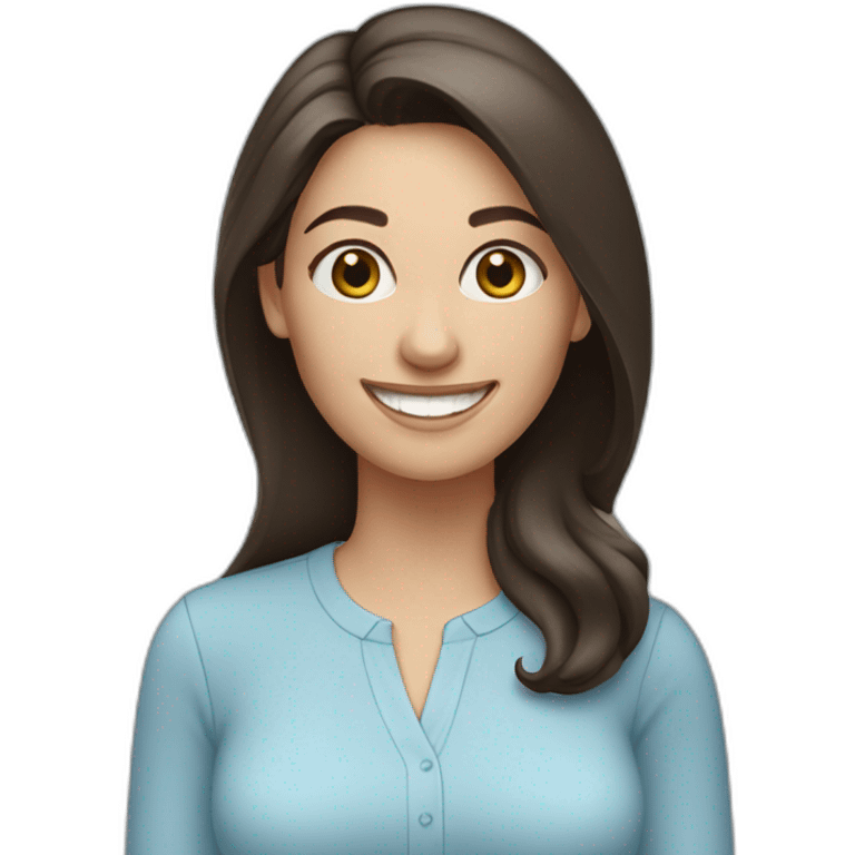 Caucasian woman with long dark brown hair, wearing a light blue blouse, smiling emoji