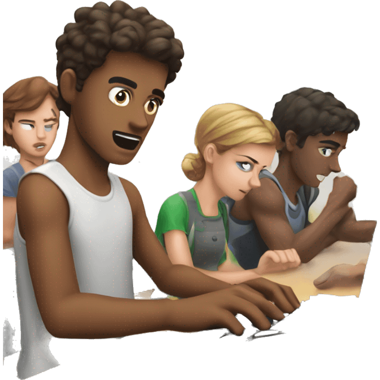 Frenzied Typing: Depict young people typing furiously on their keyboards, as if they're about to punch through them, showing their urgency and anxiety emoji