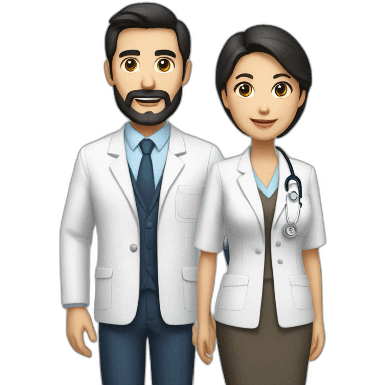 husband middle aged executive classic dark hair thin beard wearing business suit, with wife filipina age 55 dark hair wearing nurse uniform emoji