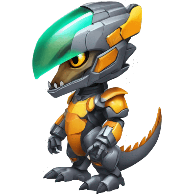 Colorful Edgy Chibi Greymon-Velociraptor-Genesect-Fakémon-Pokémon wearing a with a futuristic visor-helmet And Mecha-suit Full Body emoji