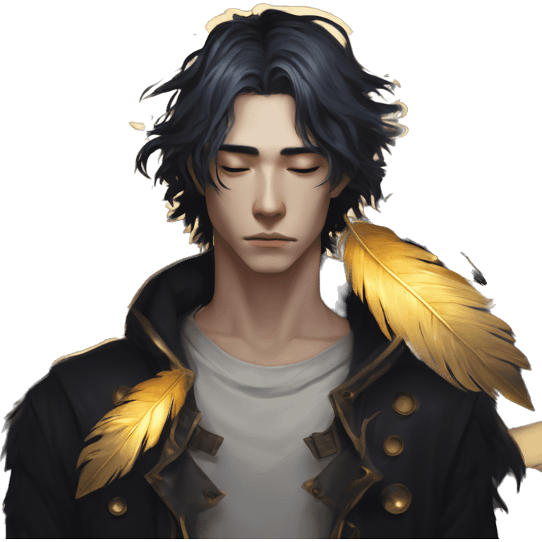 Hamlet young skinny sad man iridescent hair wearing raven feathers with a gilded hourglass and golden flames yin yang  emoji