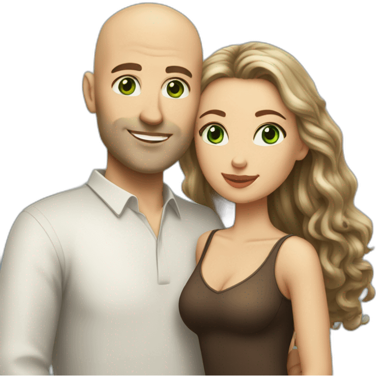 caucasian bald man with green eyes and a caucasian woman with long curly dark hair and brown eyes kissing emoji