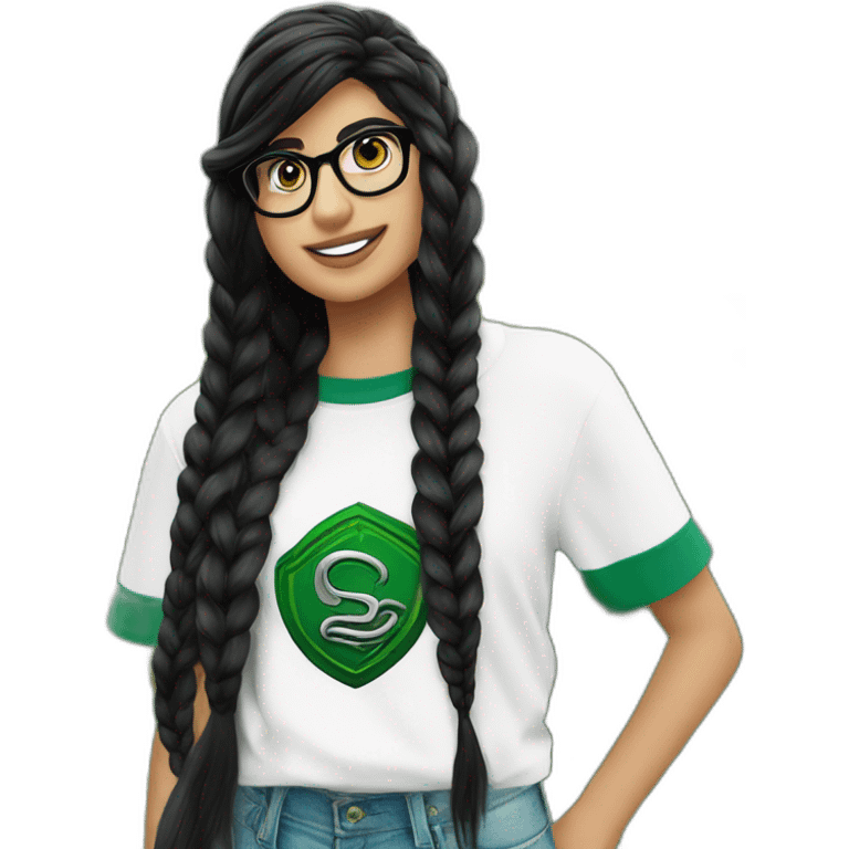 Mia Khalifa black braid white tshirt green sleeves slytherin logo emoji