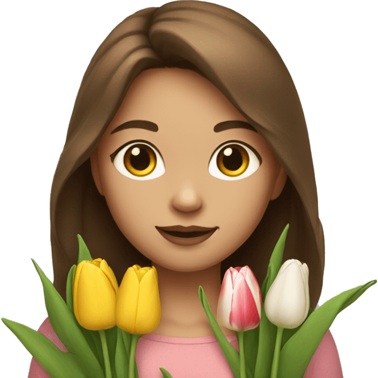 Girl with brown hair and light skin take a tulips emoji