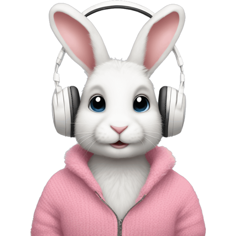 Cute rabbit wearing white headphones and pink fur sweater emoji