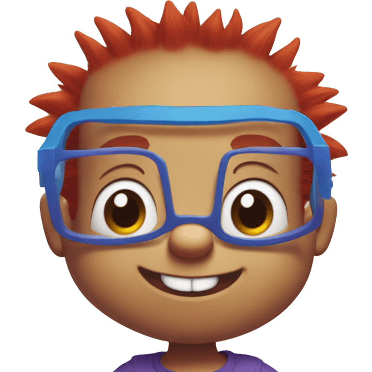 Rugrats, a red-haired one year baby with spiky hair and only 2 front teeth wearing purple square glasses and a blue shirt with red trim emoji