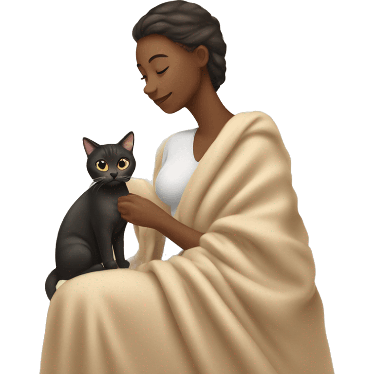 pretty woman petting cat in beige blanket emoji