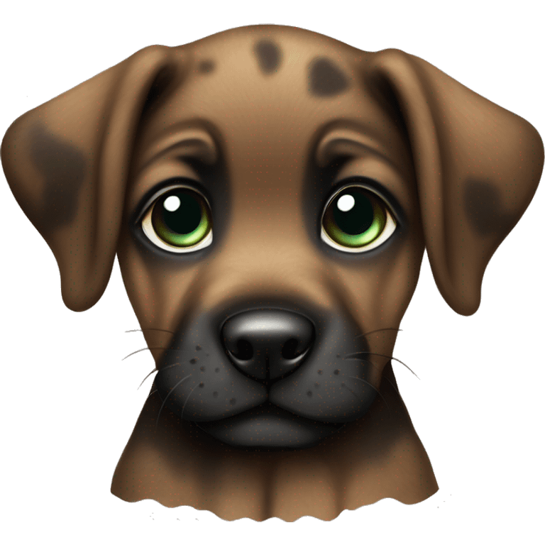 Brown brindle Puppy black muzzle black face brindled blue green eyes puppy sitting, side view emoji