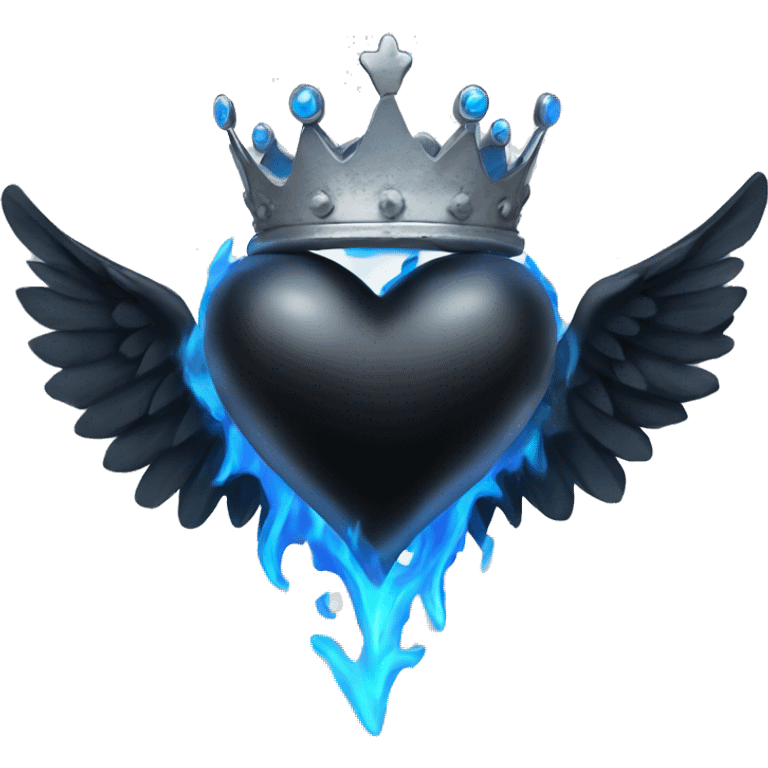 Black colored heart with wings and blue flames and a silver crown emoji