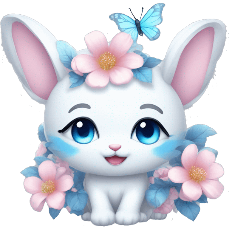 Edgy Cute Cool Kawaii gorgeous sparkly ethereal white fantasy animal with blue eyes sona with flowers and butterflies emoji