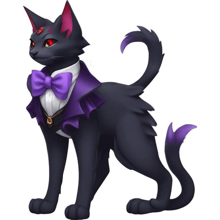 cool cartoon anthro edgy distinguished ethereal elegant beautiful fantasy black purple red ethereal fantasy nargacuga-Noivern-cat-Fakemon collar harness bow tie and bracers full body emoji