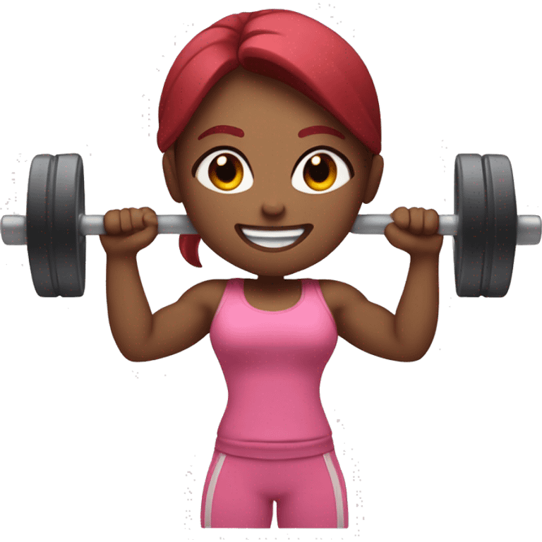 Gym girl lifting weights, pink skin, long and dark red hair, eyes closed, smiling emoji