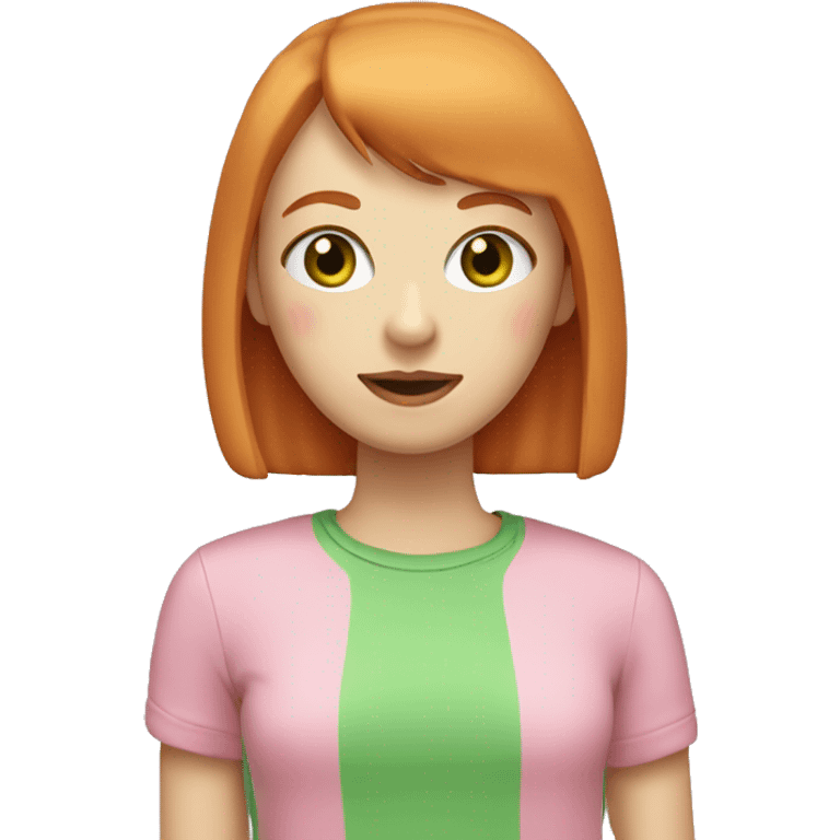 ginger girl, pale face, green eyes, pink lips, shoulder lenght straight with bangs, wearing pink t-shirt emoji