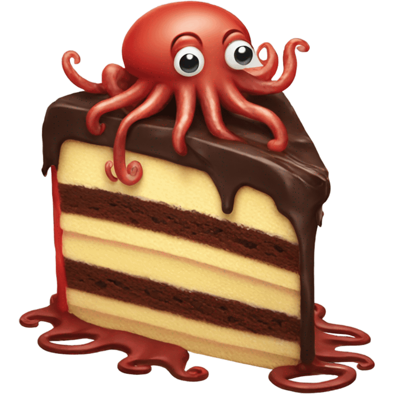 A red squid eating some chocolate cake emoji