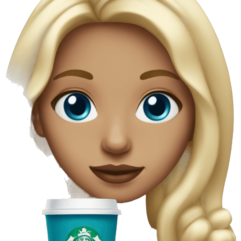 blonde girl blue eyes with Starbucks cup drink emoji