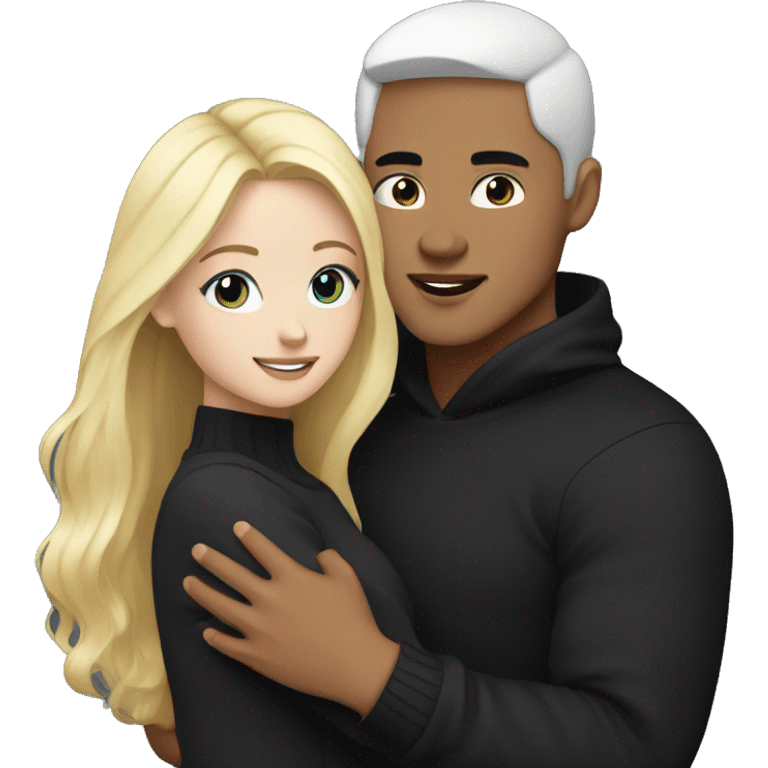 Blonde girl with blue eyes in black sweater and asian man with black hair and black eyes hugging emoji