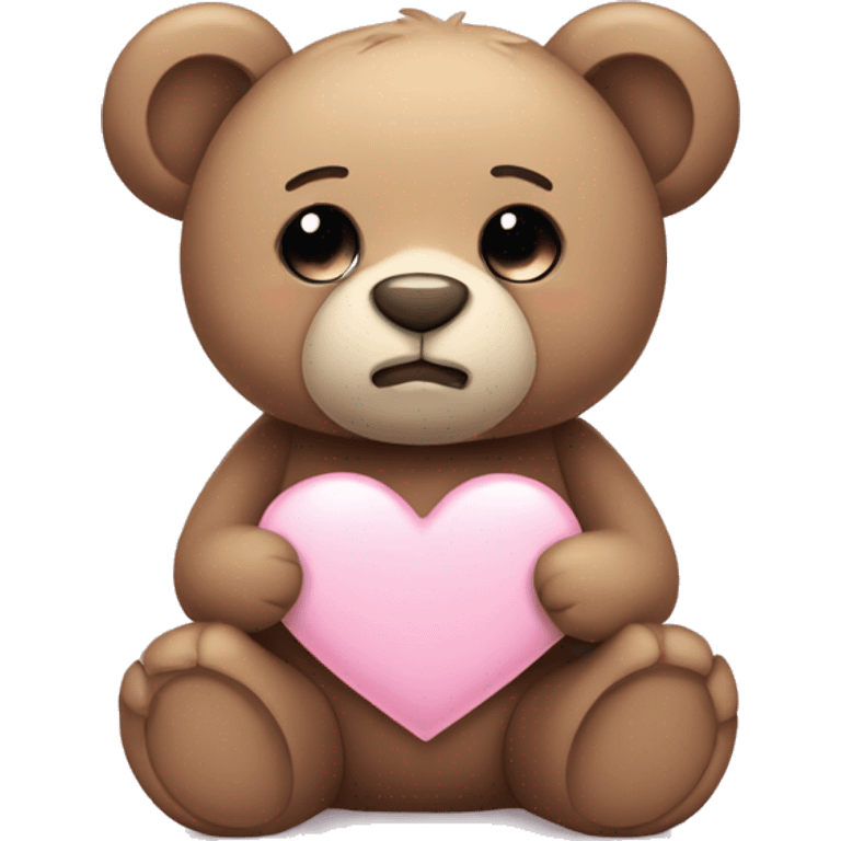 Teddy bear with sad eyes holding a pastel pink heart emoji