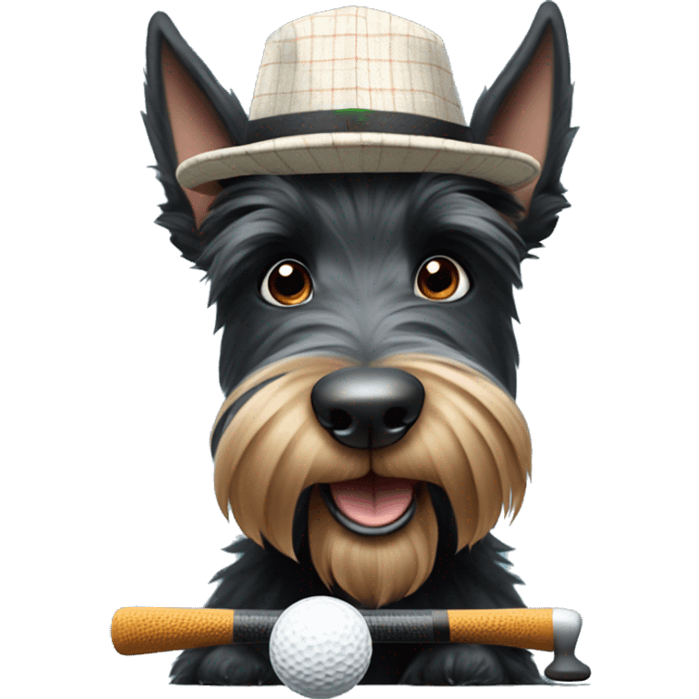 Scottish terrier dog cartoon wearing hat saying Scottie with golf putter emoji