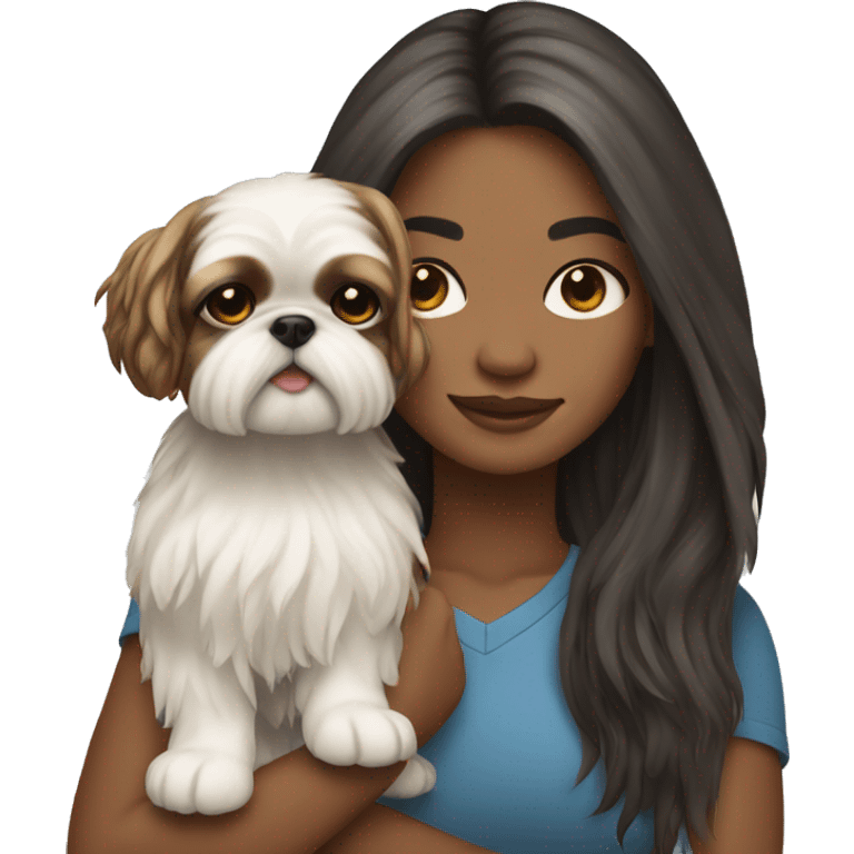 Young woman with a shih tzu in her arms long hair emoji