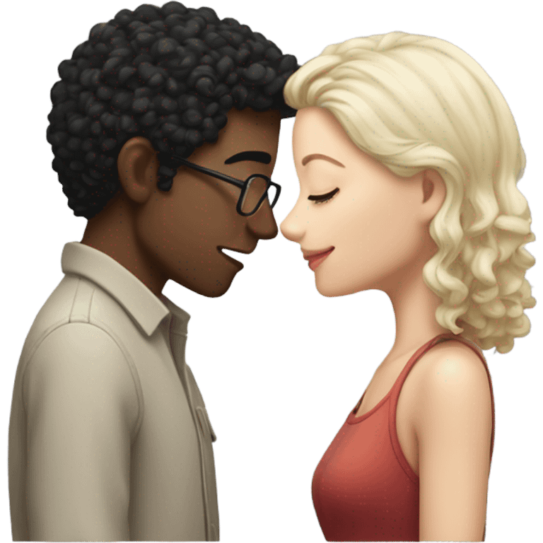 A white-skinned man with curly black hair and glasses and a white-skinned girl with brunette straight hair are kissing with their eyes closed. emoji