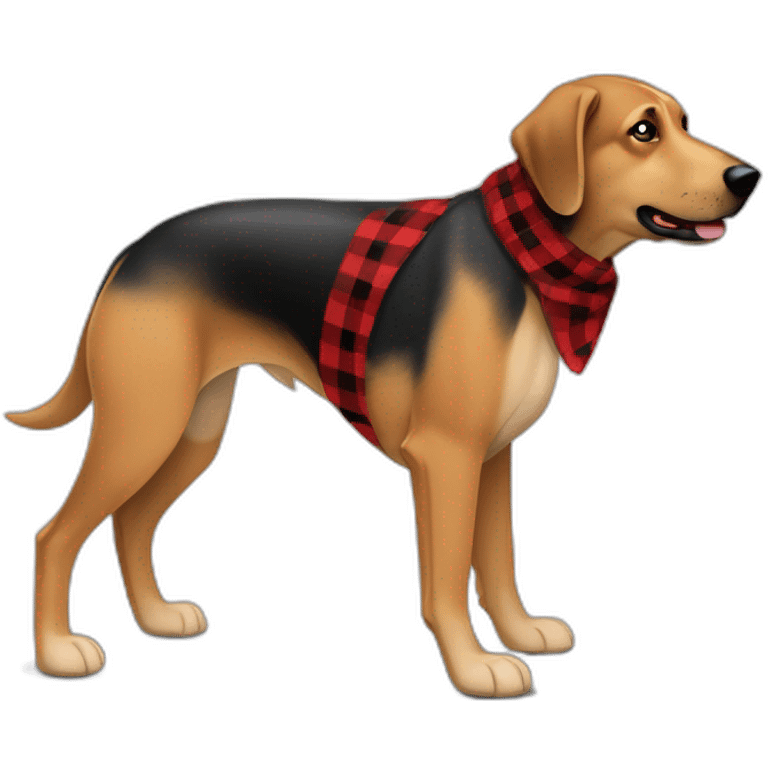 adult 75% Coonhound 25% German Shepherd mix dog with visible tail wearing small pointed red buffalo plaid bandana full body walking left quickly emoji