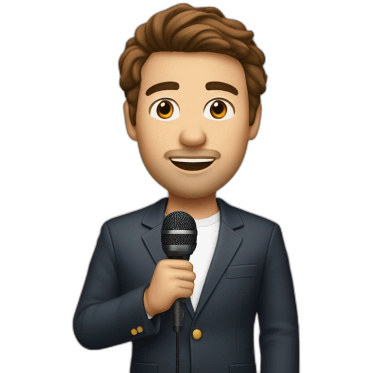  men with brown hair and light skin with microphone stand in front of him with show spotlights on a stage emoji