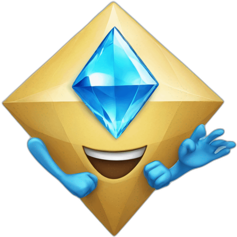 A blue brilliant diamond character with a funny face near the finish line emoji