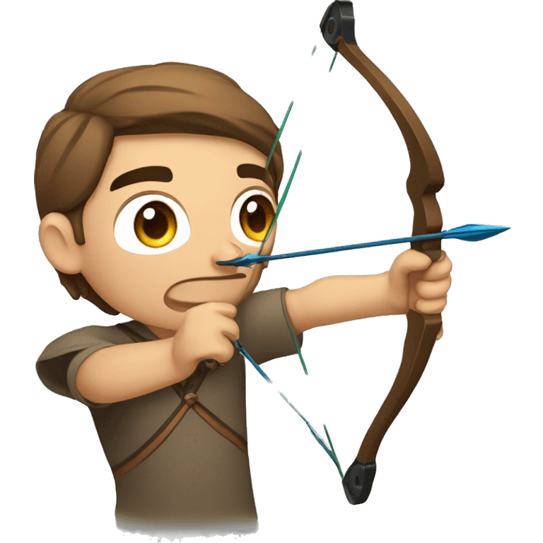 a male archer aiming with a bow looking at his target, wearing a tshirt, brown hair, bright skin, emoji