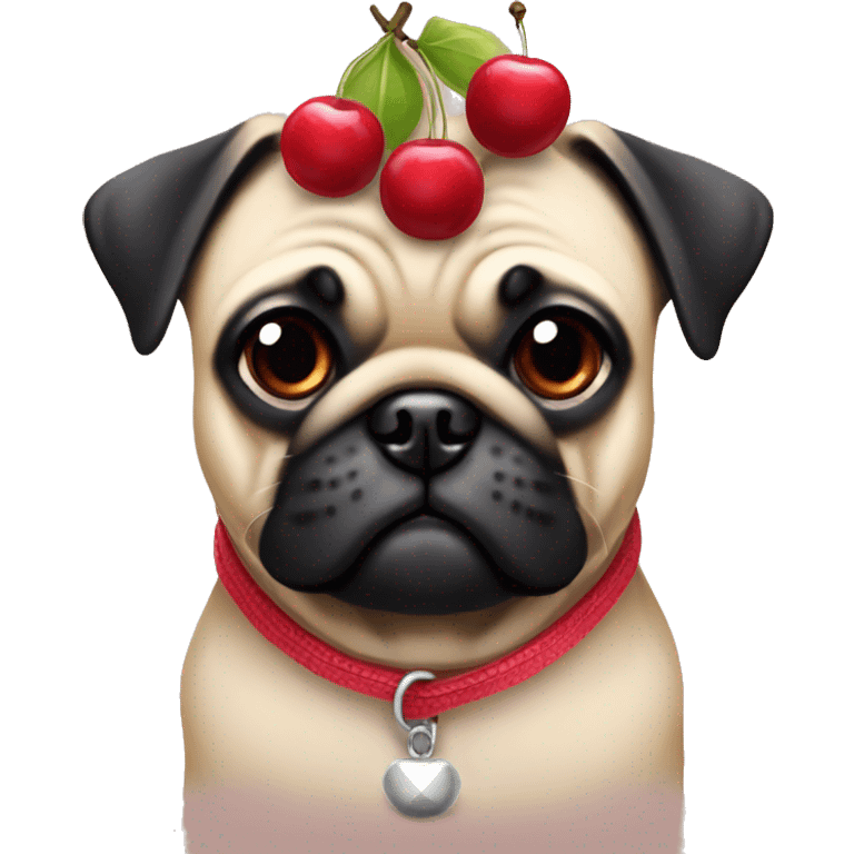 Fun pug wearing collar hat with cherries emoji