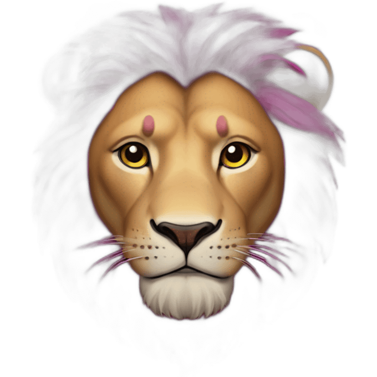 Lion with magenta hair, white left eye, closed right eye with scar, purple furr emoji