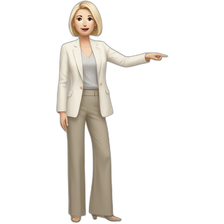 Full height Actively gesturing with hands pale skin woman with ash blonde Straightened bob Hair, White Spacious classical jacket, beige palazzo Arrow pants and gray blouse emoji