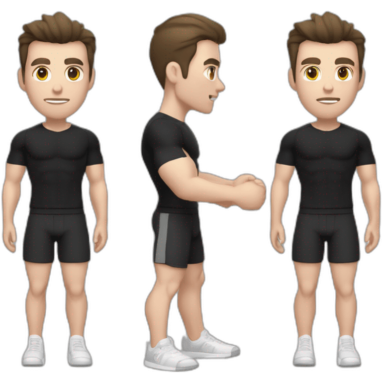 Pale skinned Fit Man With the biceps and dark brown hair in black shirt, gray sports shorts and white Sneakers Scales of the back of the head emoji