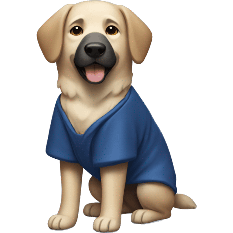 a shepherd dog with a dark muzzle in a dark blue dog jumpsuit emoji