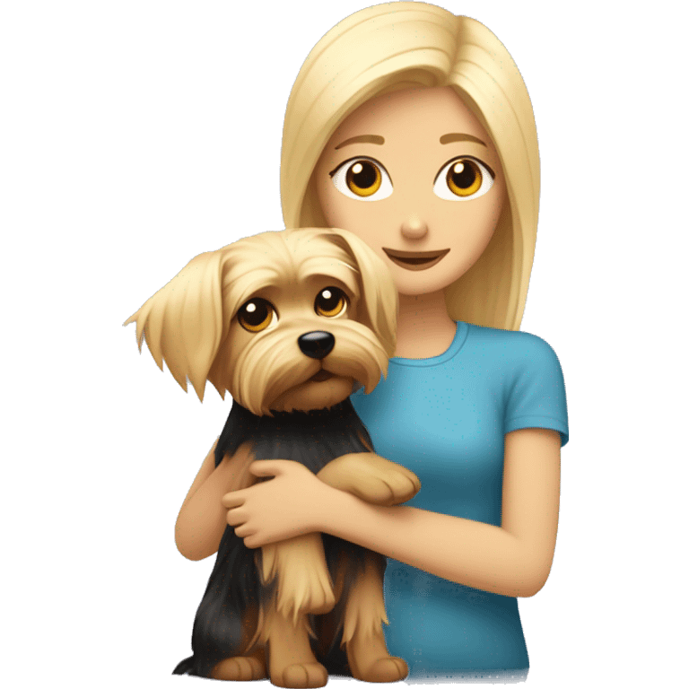 Blondie cuddles a Yorkshire terrier. emoji