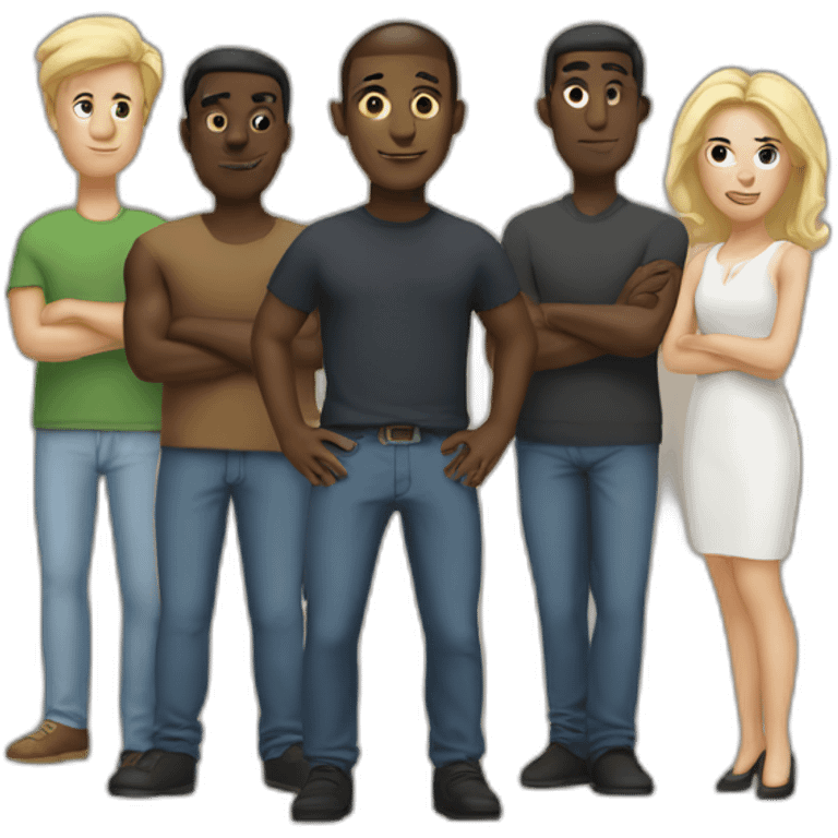 five dark-skinned men stand in a row behind a pale blonde woman emoji