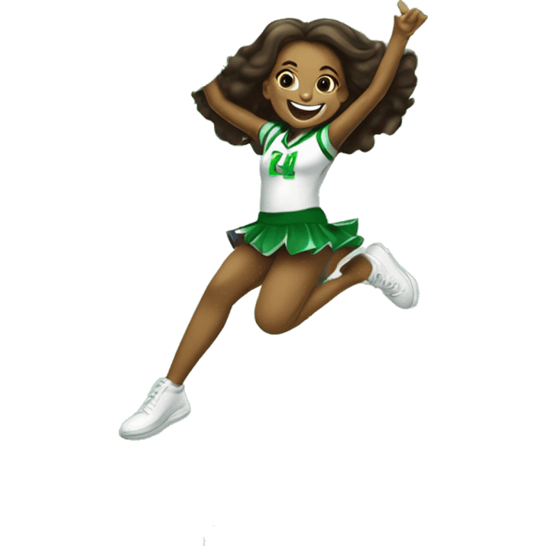 African American girl jumping up happily while holding two cheer Pom Poms and wearing green cheer uniform with the word PACK on the center of it emoji