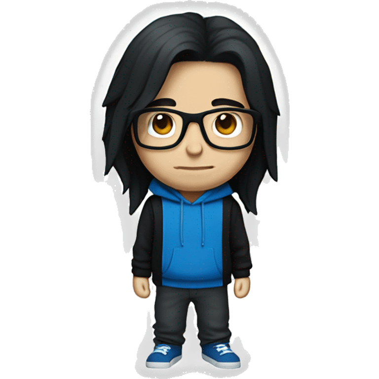 Guy with long black hair and square blue glasses and black hoodie, white skin emoji