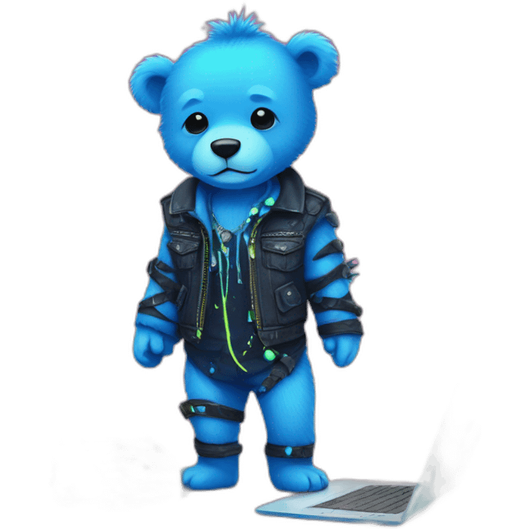 little blue neon punk bear with broken toy laptop emoji