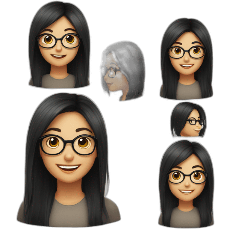 Black thick-rimmed glasses, long black hair, smiling girl, emoji