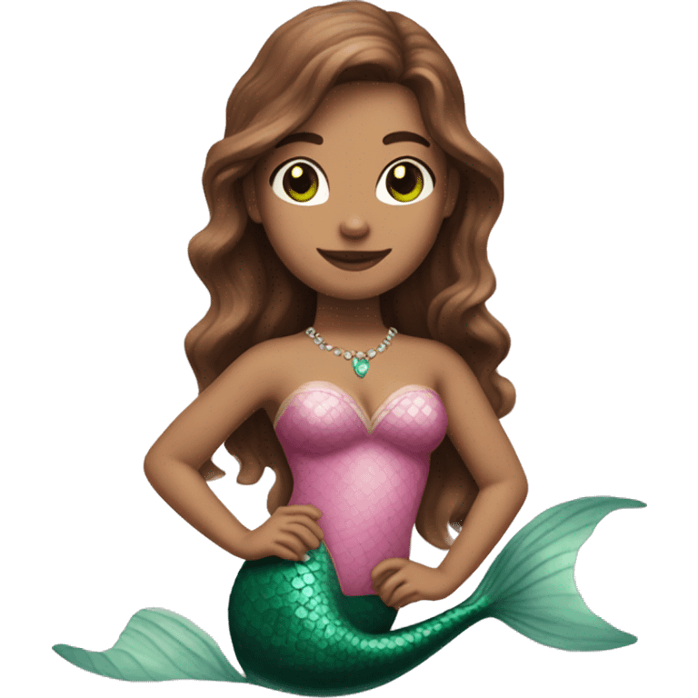 A brown-haired woman with green eyes as a mermaid, with the detail that she is pink. emoji