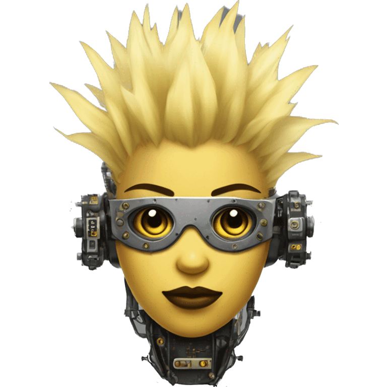 Light yellow Mohawk hair female cyborg head, dark skin, steampunk goggles and circuits emoji